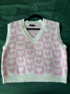 SHEIN Pink and Cream Heart-Print V-Neck Knit Vest
